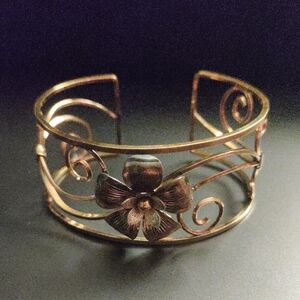 Vintage Gold and Rose Gold Plated Cuff Bracelet with Floral Scrollwork Design